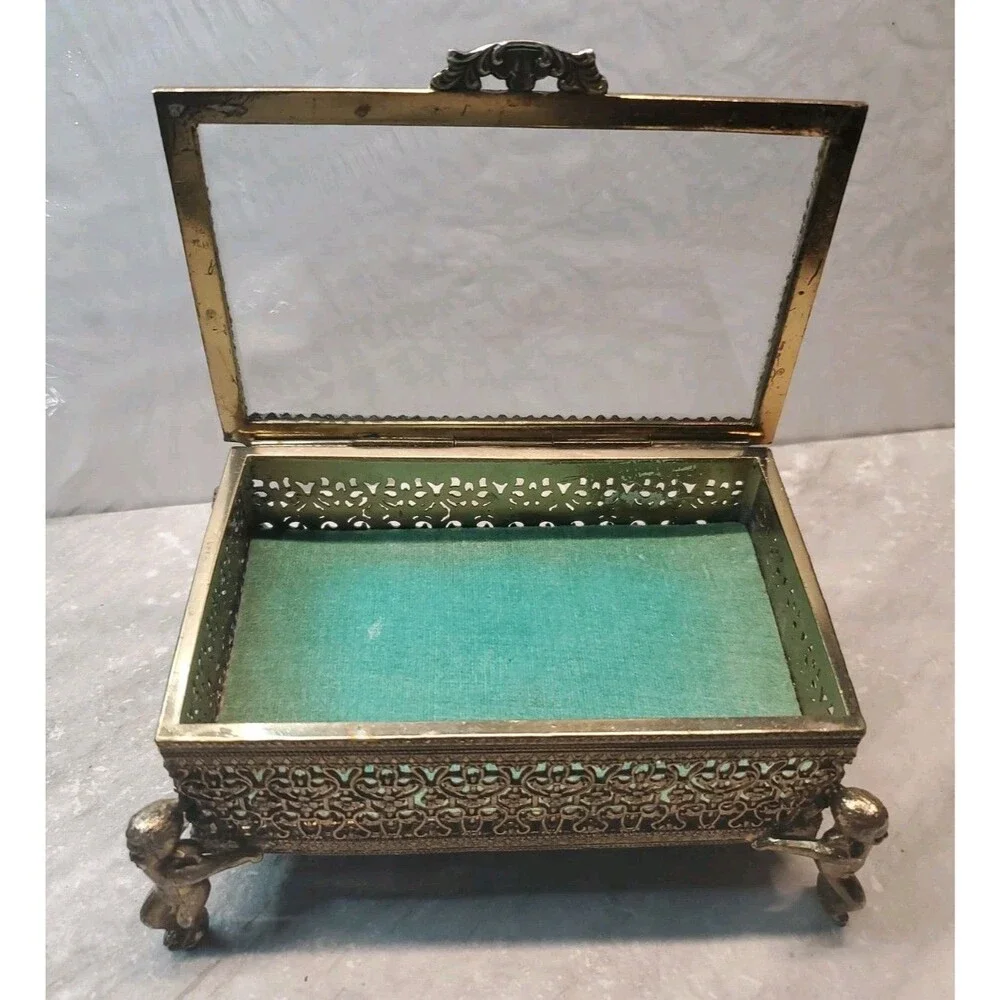 Antique Ormolu Gold Filigree Jewelry Casket Box Beveled Glass Velvet Cherub